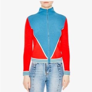 sandro Paris Aiden Colorblock Crop Zip Cardigan 1 Blue Red Cuff Hem Womens Y2K